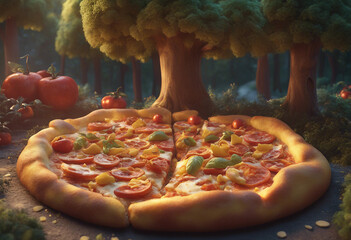 Illustration a large pizza placed in a forest setting.