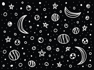 Doodle pattern with night sky Moon and stars seamless background Hand drawn vector illustration