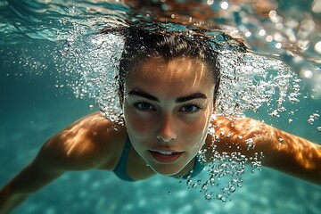 A young woman with dark hair and blue eyes swims underwater in a turquoise pool, her face is illuminated by sunlight, creating a refreshing and vibrant atmosphere.