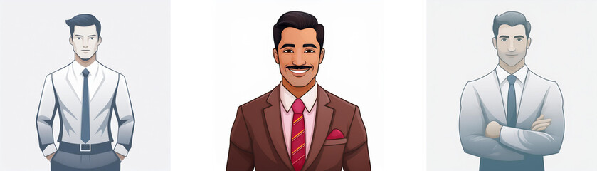 Three illustrated men in business attire. One stands with hands in pockets, another has arms crossed, and the third is smiling in a suit.