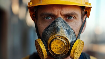 Fototapeta premium Close up Portrait of Construction Worker Wearing Respirator and Hard Hat