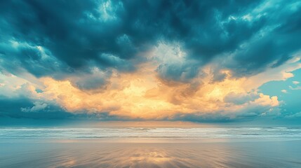 Obraz premium A stunning seascape at sunset, showcasing a dramatic sky filled with vibrant colors and reflections on the tranquil ocean surface.