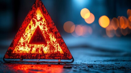 Rusty Warning Triangle Sign on Road at Night Emergency Hazard