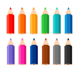 Colored pencil icons, color pencils, collection varicolored pencils, multicolored pencils. Vector illustration.