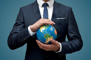 Man in suit holds globe, emphasizing global responsibility on solid blue background