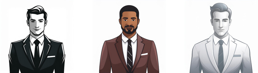 Three illustrated men in suits, showcasing diverse hairstyles and skin tones.  Professional attire, stylish, formal wear.