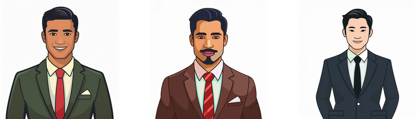 Three men in suits, diverse hairstyles and facial hair.  Professional, formal attire.