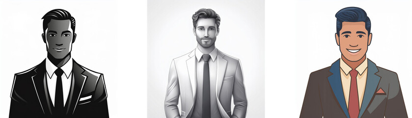 Three illustrated men in suits.  One is monochrome, one is grayscale, and one is in color.  They have different hairstyles and expressions.