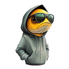 Cartoon fish in a hoodie and sunglasses on a white background