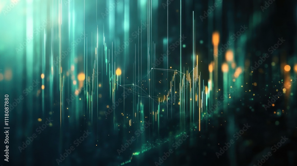 Poster abstract teal and gold digital data streams and glowing particles.