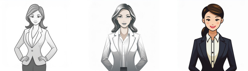 Three illustrations depict professional women in business attire.  The styles vary from grayscale sketch to full color.