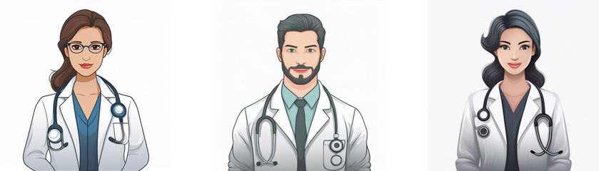 Fototapeta premium Three doctors, one woman with glasses, one man with a beard, and one woman with dark hair, are depicted in illustrated portraits. They wear white coats and stethoscopes.