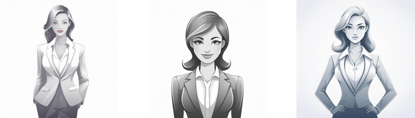 Three grayscale illustrations depict stylish women in business attire, exuding professionalism and confidence.  Their elegant suits and poised postures convey strength and sophistication.