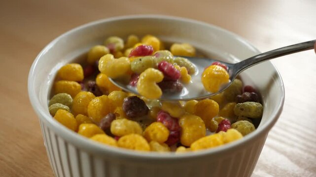 slow motion scooping colorful fruity cereal with a spoon from a bowl full of milk