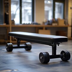 A flat workout bench with wheels, designed for strength training exercises.
