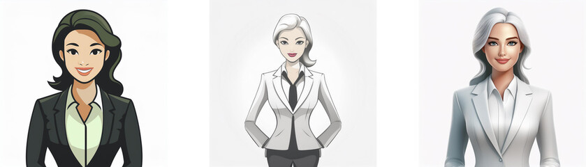 Three illustrated women in business suits; one with dark hair, two with light hair.  They exude professionalism and confidence.