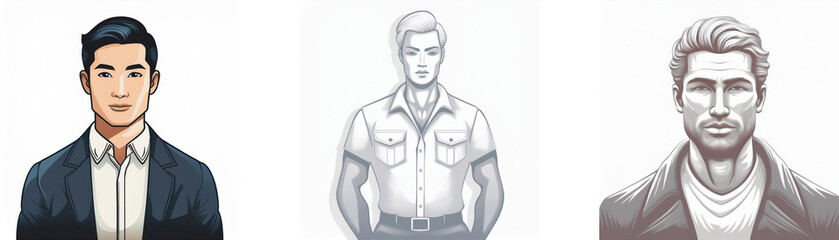 Three illustrated portraits of men; one in a suit, one in a casual shirt, and one in a jacket.  Each shows a different hairstyle and expression.