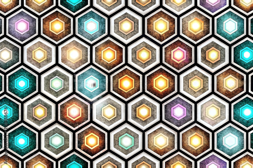 Poster colorful hexagonal tiles bright light patterns design texture