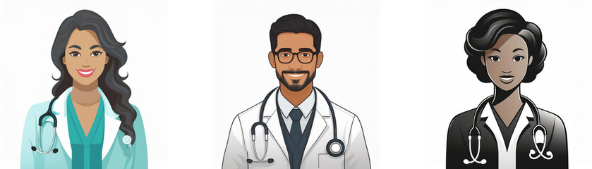 Fototapeta premium Three diverse doctors, a woman in teal scrubs, a man in a white coat, and a woman in black, are depicted, each wearing a stethoscope. They represent medical professionals.