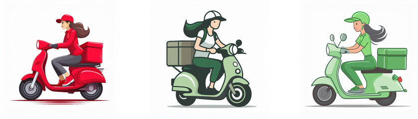 Three female delivery drivers on scooters, each with a different colored vehicle and delivery box.  Red, green, and light green are featured.