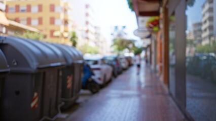 Blurry street scene with defocused buildings and trash containers on a sunny day, capturing urban life and morning light in a city environment.