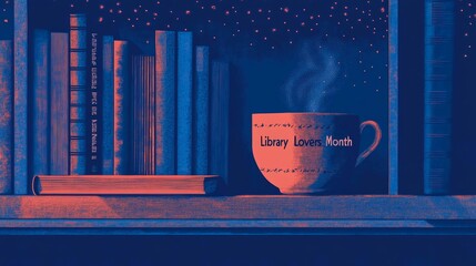 Enjoy a warm drink while celebrating a passion for reading. Concept of Library Lovers Month. Template for background, banner, card, poster with text inscription.