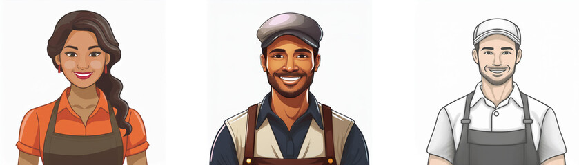 Three diverse workers smiling, wearing aprons and different attire.  They represent a welcoming and inclusive team.