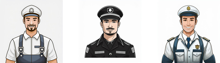Three male cartoon characters in different uniforms: a mechanic, a police officer, and a security guard.  Each has a unique hat.