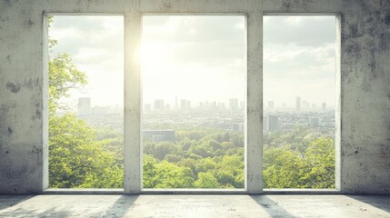 Concrete Room with Triple Window View of Cityscape and Greenery, Cityscape, Nature Urban Greenery, Concrete Architecture