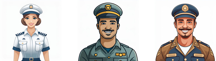 Fototapeta premium Three illustrated officers in uniform, a woman and two men, showcasing diverse ranks and styles of military or law enforcement apparel.