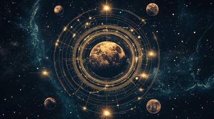 Cosmic Geometry Golden Celestial Network, Earth and Moons, Digital Art, Space, Astrology Space art, Cosmic design