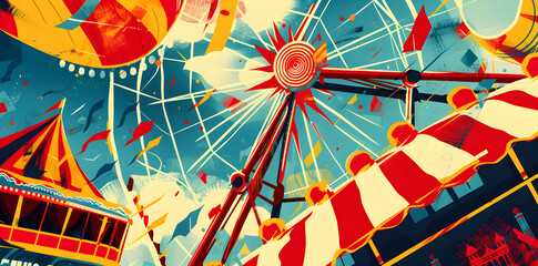 A vibrant carnival scene featuring a Ferris wheel and colorful tents.
