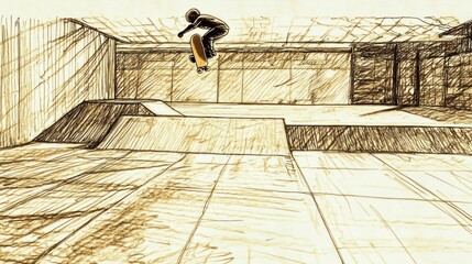 A skater performs an aerial trick in a stylized indoor skate park environment.