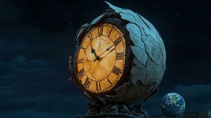 Cracked Celestial Clock Night Sky, Spherical Composition, Time Concept, Digital Art, Timelapse Time, Clock