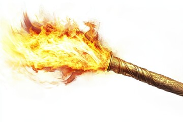 Glowing Olympic torch with bright flames illuminating a white background