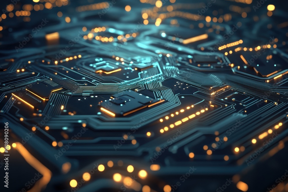 Poster a close-up view of a high-tech circuit board focusing on the intricate pathways