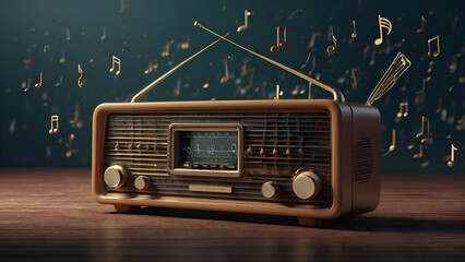 Fototapeta premium Retro radio vintage music notes wave key Melo Vintage analog portable red radio illustration green background,