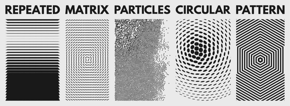 Black and white image of rectangular flat shapes with transition effect. Dynamic gradient pattern. Background of chaotic  dots. Striped backdrop of many stripes in the shape of a hexagon. Vector.
