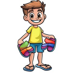 Cartoon beachgoer holding a pair of colorful sandals on a white background