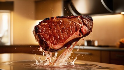 A cooked steak, brown and red, is in the air, with liquid splashing around it