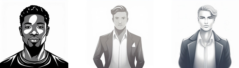 Three grayscale portraits of men.  One in casual wear, one in a suit, and one in a blazer.  Stylish and modern aesthetic.
