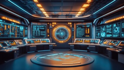 Futuristic control room with glowing interfaces and data displays.