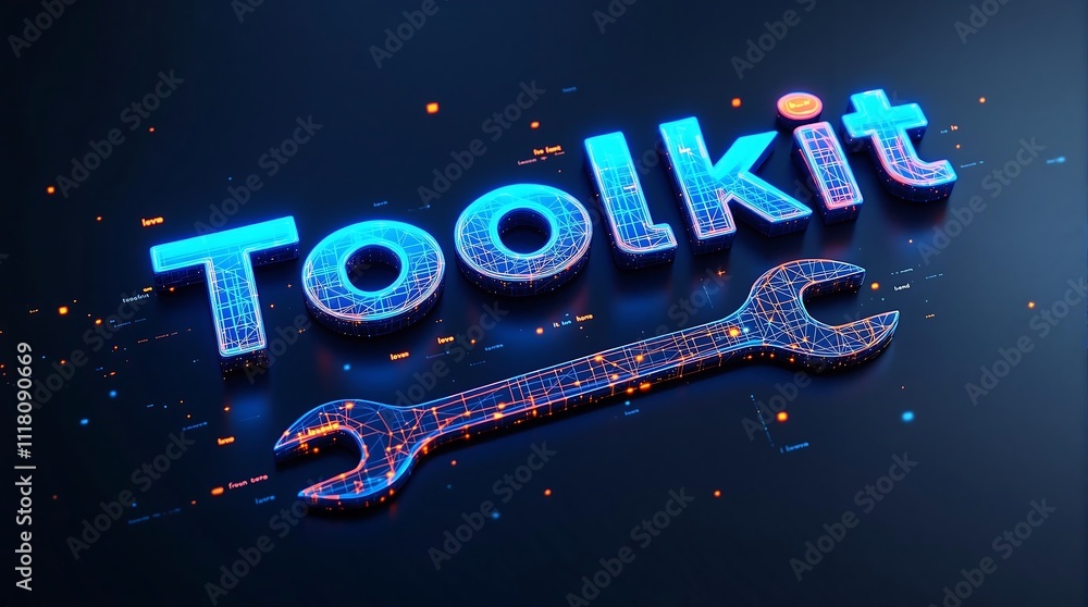 Poster digital artwork featuring the word toolkit in futuristic 3d style with glowing interconnected lines 
