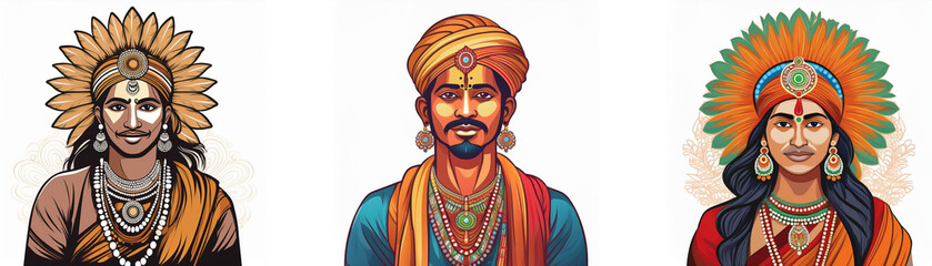 Three stylized portraits depict individuals in vibrant, ornate attire, showcasing diverse cultural headwear and jewelry.  The artwork's rich colors and detailed designs are captivating.