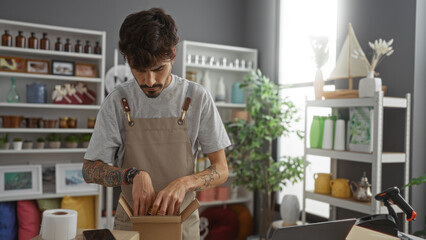 Young man with beard packing a box in a home decor store with various decorations on shelves in the background