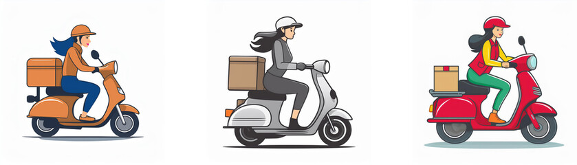 Three women deliver packages on scooters, each with a different colored vehicle and outfit.  They represent diverse delivery services.