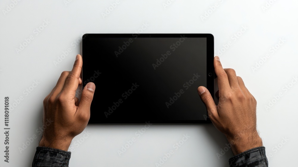 Poster a person holding a tablet with a blank screen, ready for interaction or display.