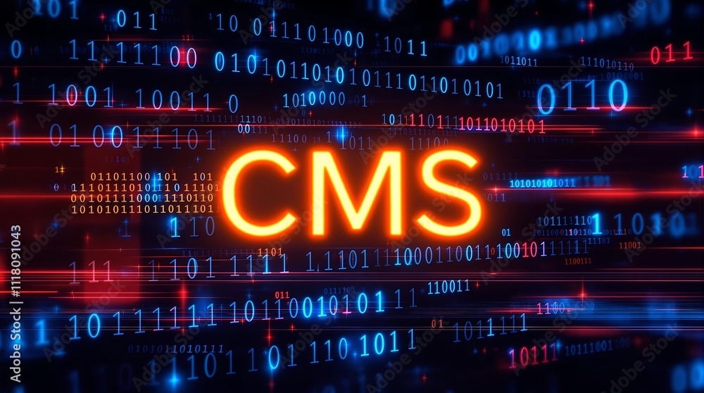Poster binary code forming the letters cms representing content management system concept in digital techno