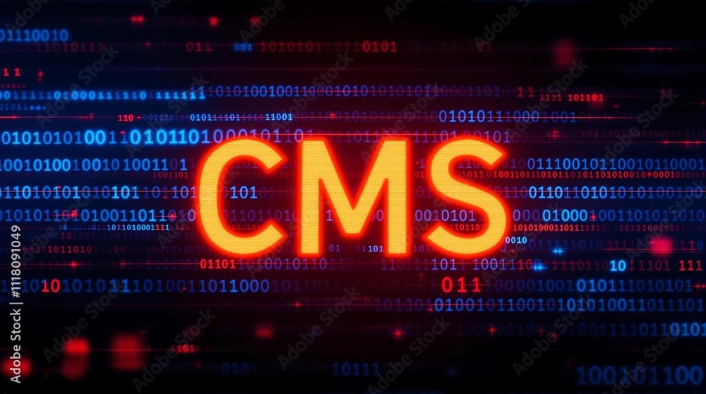 Poster binary code forming the letters cms representing content management system concept in digital techno