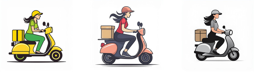 Three female delivery riders on scooters, each carrying a package.  Quick, efficient, and reliable delivery service.
